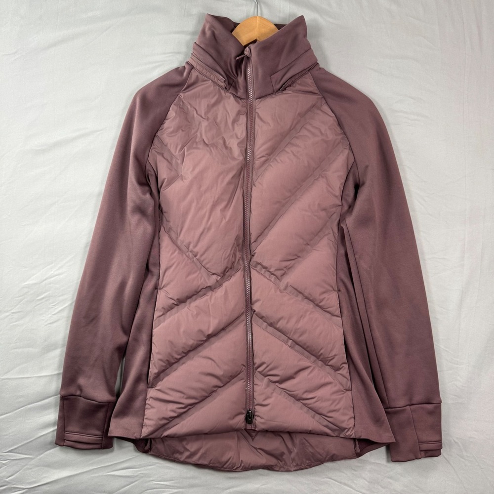 Athleta Inlet Jacket Womens M Plum Purple Down Quilted Full Zip Fall Winter Cozy
